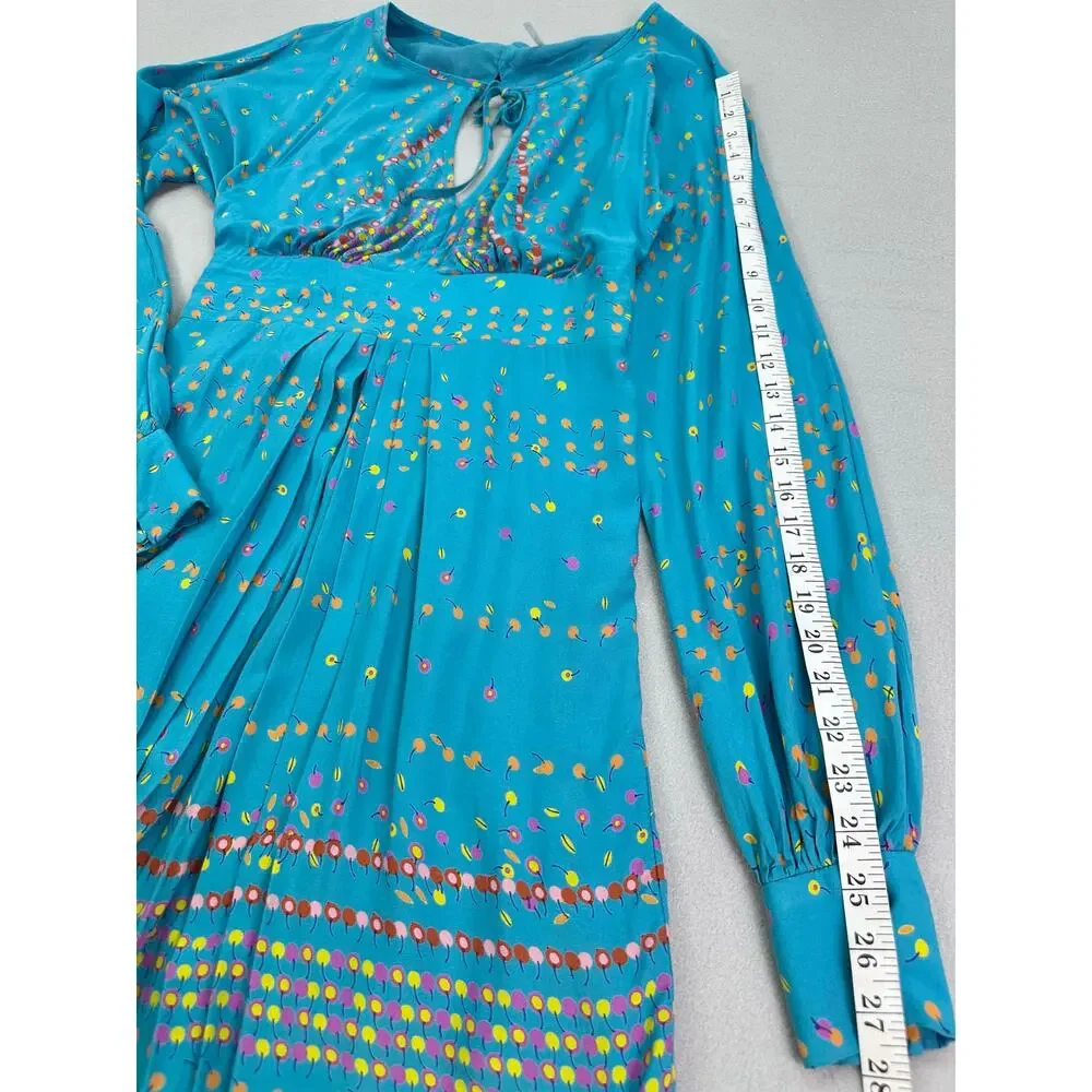 Free People Coryn Mini Dress Cherry Print Teal Blue Green Cut Out Pleated Size 4 - Picture 9 of 12